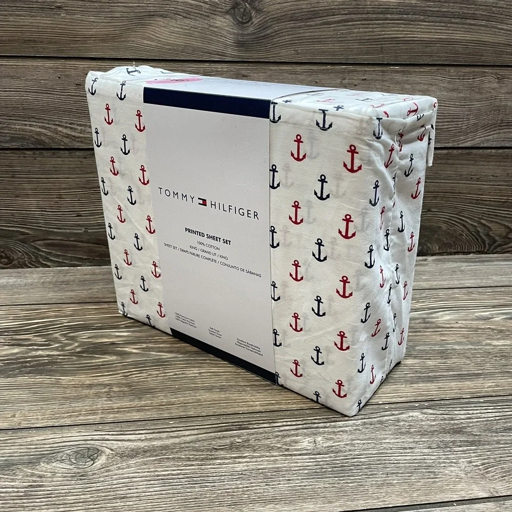 Tommy Hilfiger 100% Cotton KING 4 Piece Sheet Set Anchor Print Nautical NEW